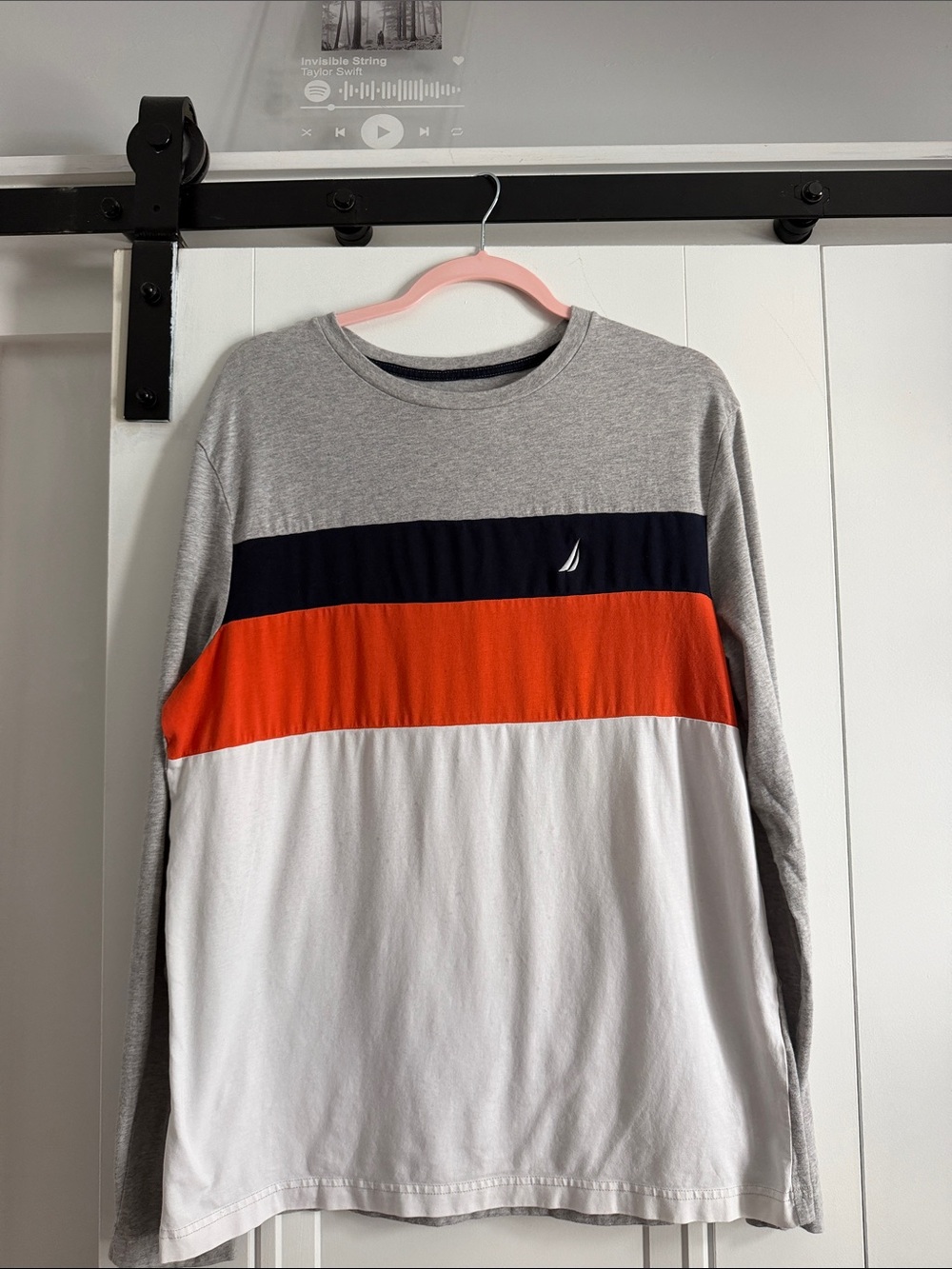Nautica Gray Navy Orange White Long Sleeve Colorblock Tee